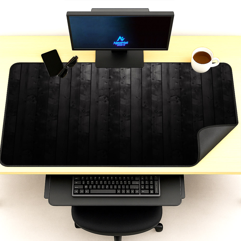 Desk Setup Black And Wood - Alfombrilla de ratón enorme de madera