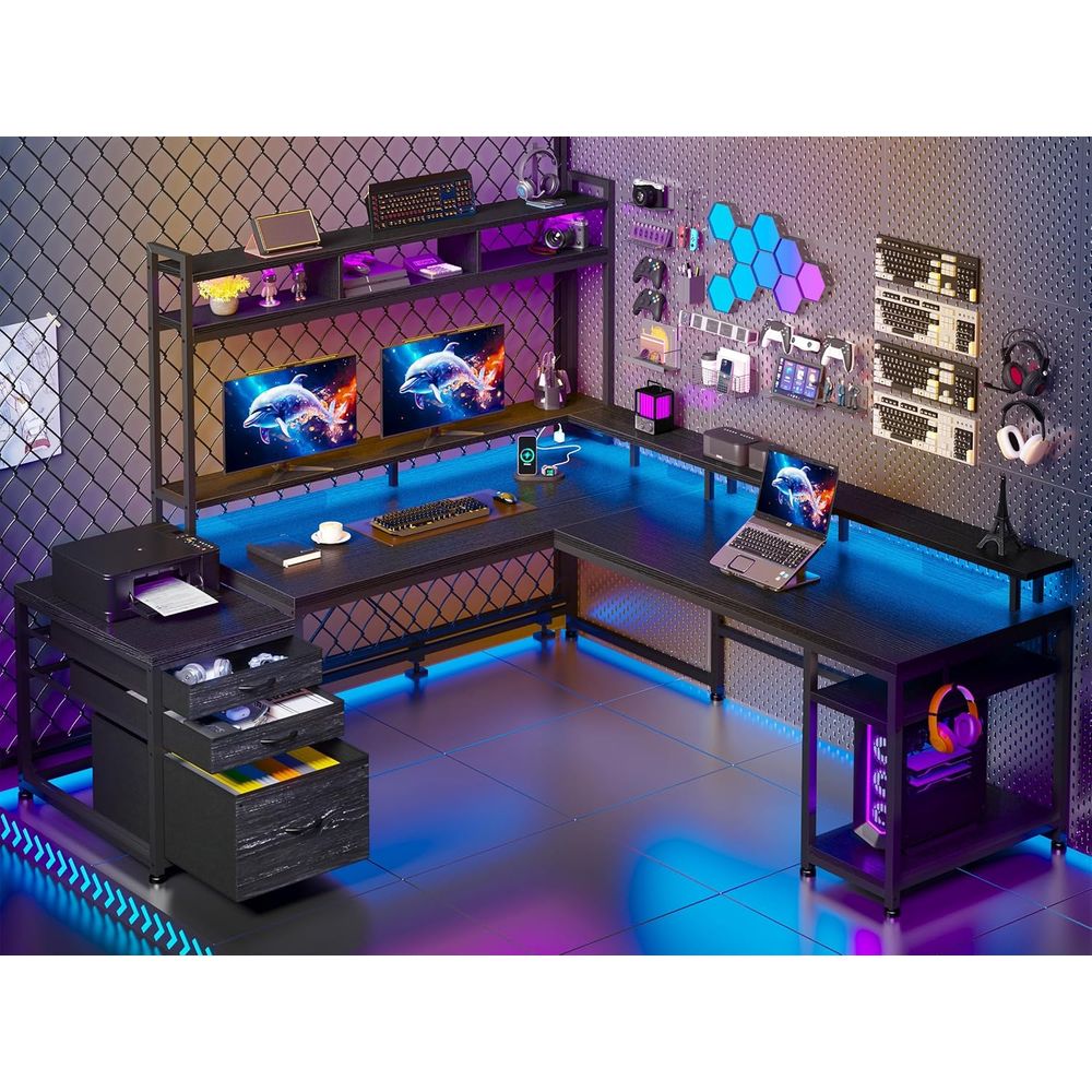 Desk Setup Black And Wood - Escritorio para Juegos en Forma de