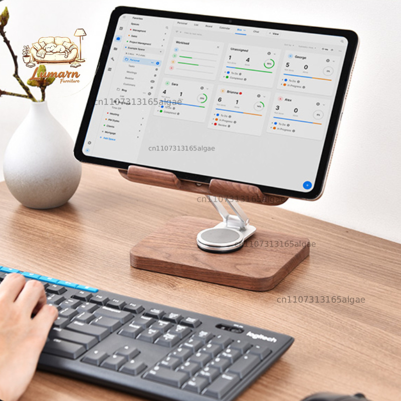 Soporte para iPad de Madera de - Desk Setup Black And Wood reseña y precio